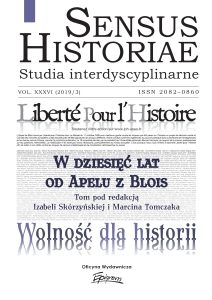 Grafika przedstawia okładkę czaspopisma „Sensus Historiae” - trzeciego numeru w 2019 r. Biała okładka z czarnymi i granatowymi napisami przedstawia podstawowe informację o numerze.