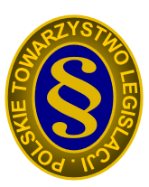 Logo Polskiego Towarzystwa Legislacji. Logo składa się z dwóch owalnych kształtów - większego i znajdującego się w nim mniejszego. Mniejszy kształ ma kolor niebieski i zawiera złoty paragraw. Większy stanowi żółto-brązowe tło, na którym znajduje się nazwa PTL, która okala znak paragrafu.