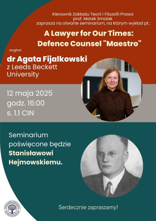 Poster zapraszający na wykład dr A. Fijałkowski. Przedstawia zdjęcia prelegentki oraz S. Hejmowskiego
